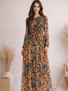 Modcloth Plus Size Multicolor Floral Smocked Dress in Warm Tones